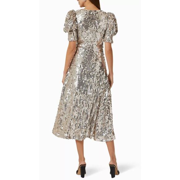 ROTATE Birger Christensen Sierina Silver Sequin Midi Dress Puff Sleeve Party Sm - Picture 10 of 16